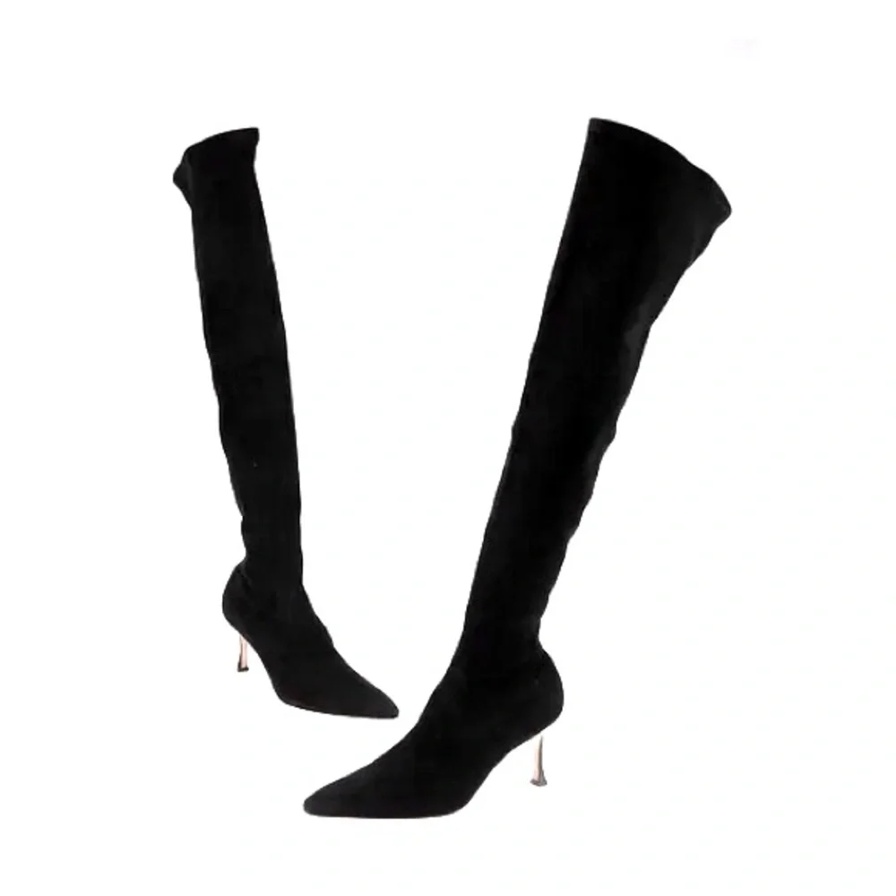 Manolo Blahnik Black Suede Thigh High Over-the-knee Pointed Heeled Boots, 37.5